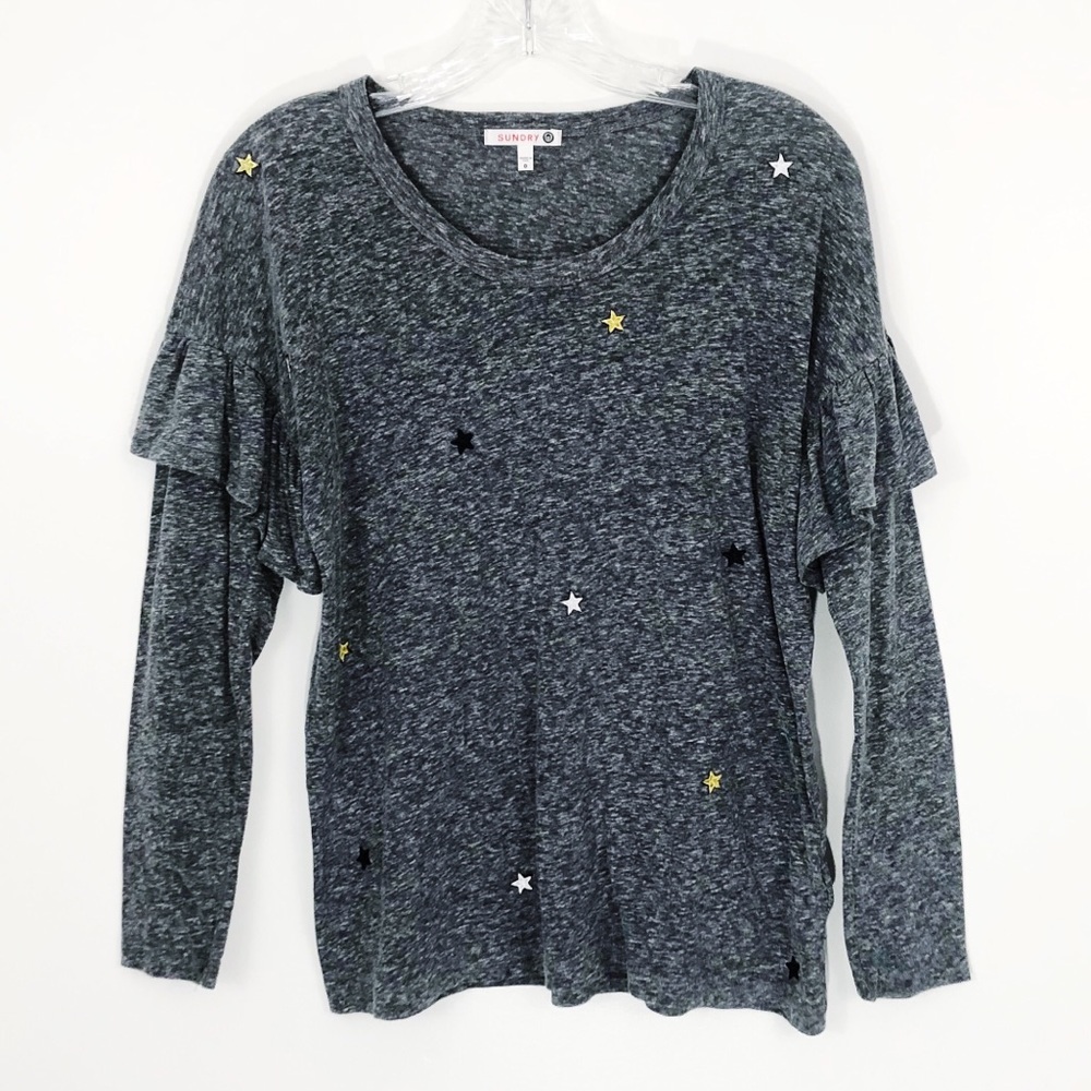 Sundry Star Patches Gray Long Sleeve Ruffle Tee